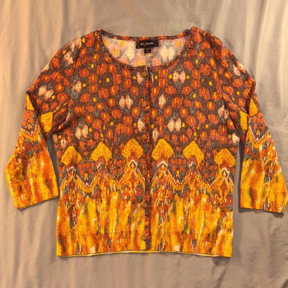 St. John Wool Cashmere Shimmery Cardigan Rhinestones Floral Marigold Designer
